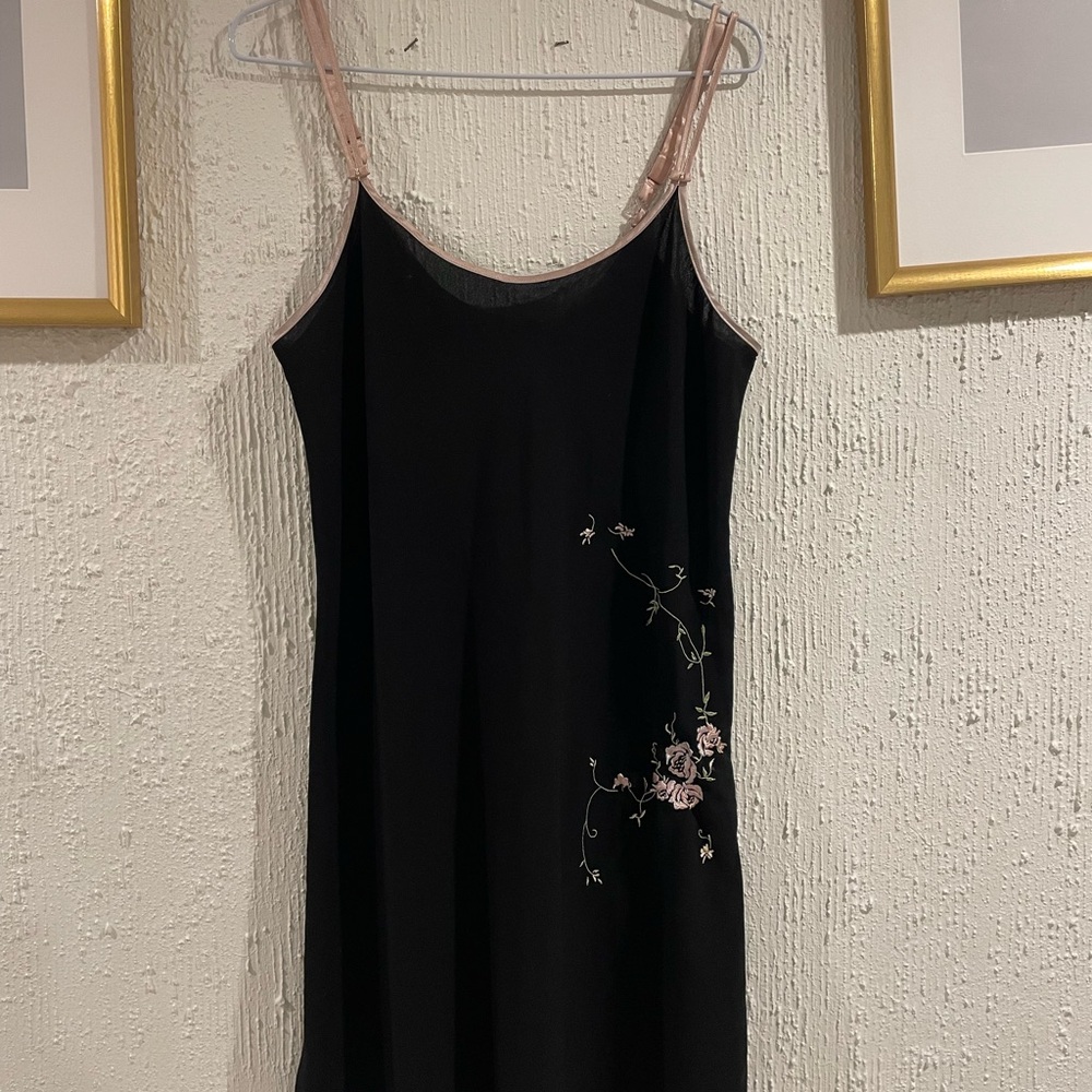 Oscar de la Renta Black Chemise with Pink Floral Embroidery